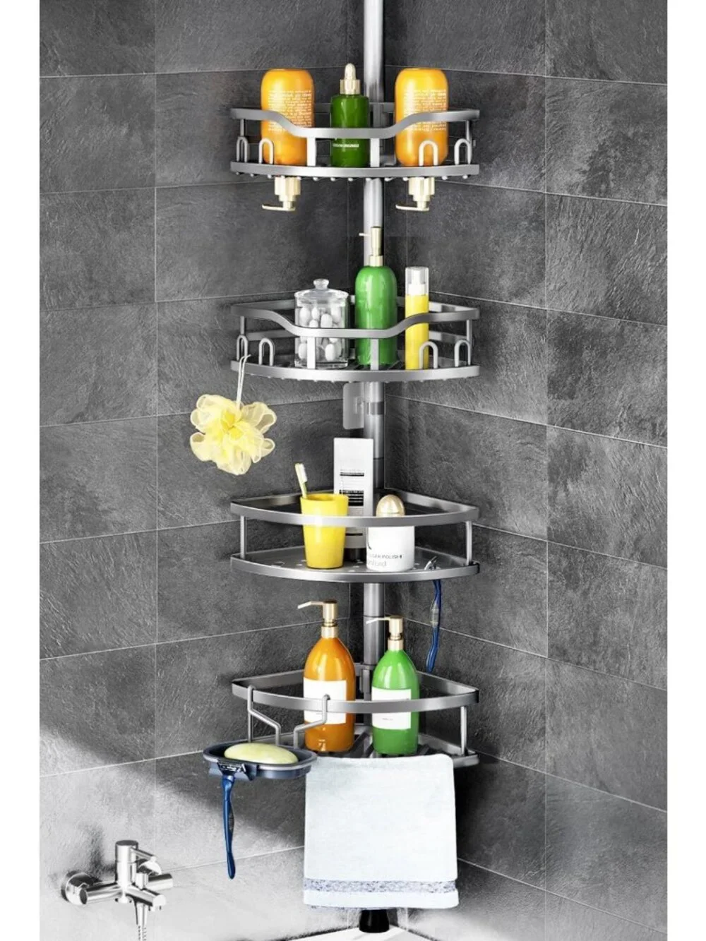 Rustproof 4-Tier Corner Shower Caddy Tension Pole - Adjustable Bathroom